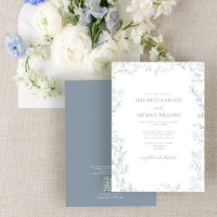 QR Code Elegant Minimal Leaf Dusty Blue Wedding Einladung