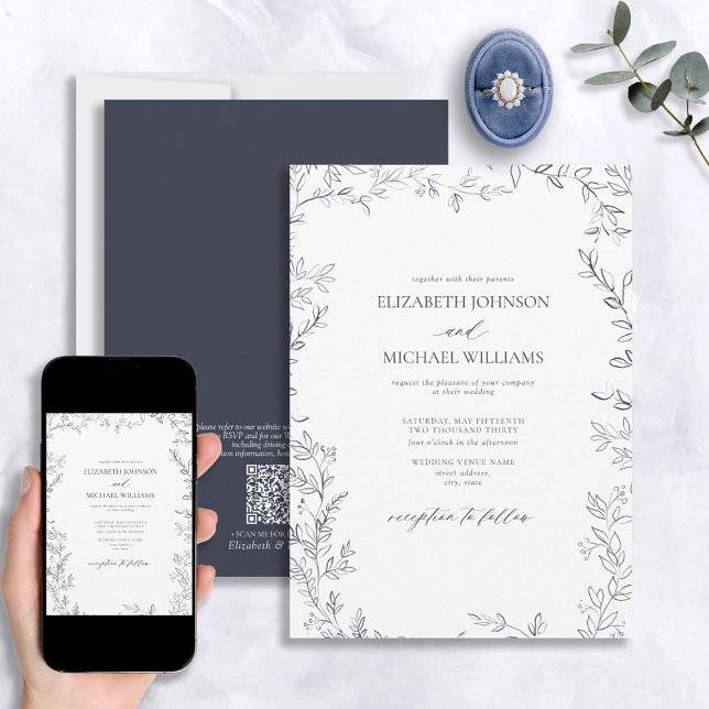 QR Code Elegant Minimal Leaf Navy Blue Wedding Einladung (Von Creator hochgeladen)