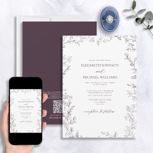 QR-Code Elegant Minimal Leaf Plum Lila Hochzeit Einladung
