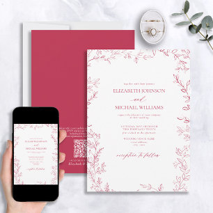 QR Code Elegant Minimal Leaf Vivid Magenta Wedding Einladung