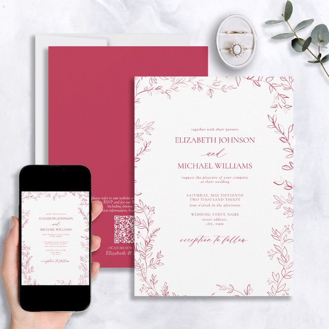QR Code Elegant Minimal Leaf Vivid Magenta Wedding Einladung (Von Creator hochgeladen)