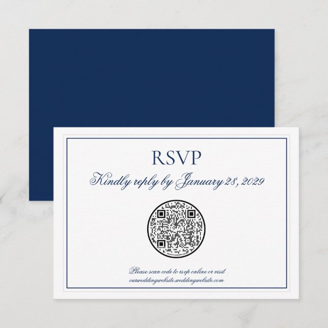 QR Code Elegant Navy Blue White Wedding RSVP Karte (Vorne/Hinten)