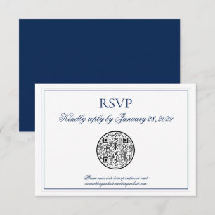 QR Code Elegant Navy Blue White Wedding RSVP Karte