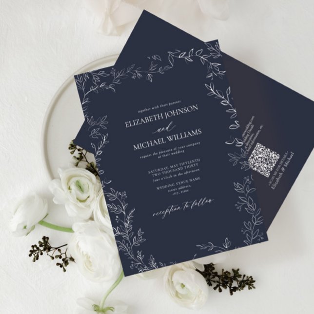 QR Code Elegant Navy Minimal Leaf Hochzeit Einladung (Von Creator hochgeladen)