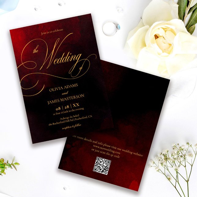 QR Code Elegant Red Black Gold Calligraphy Wedding Einladung (Von Creator hochgeladen)