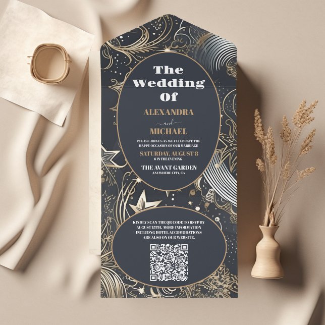 QR Code Elegant Silver Gold Celestial Wedding All In One Einladung (Von Creator hochgeladen)