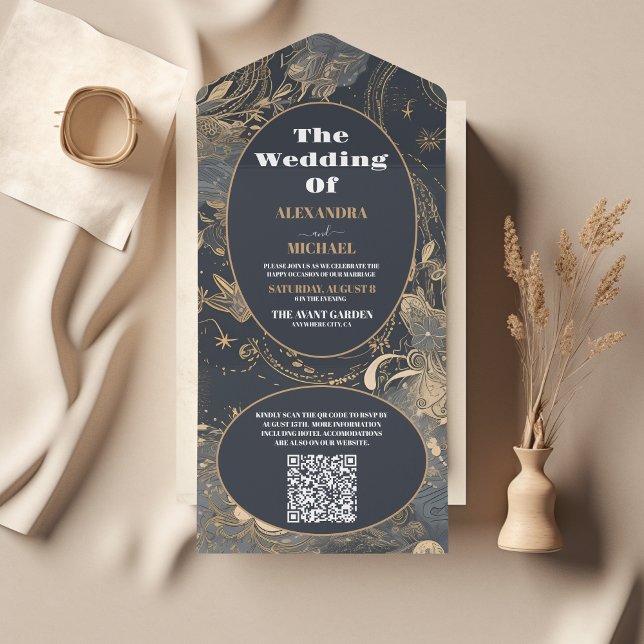 QR Code Elegant Silver Gold Celestial Wedding All In One Einladung (Von Creator hochgeladen)