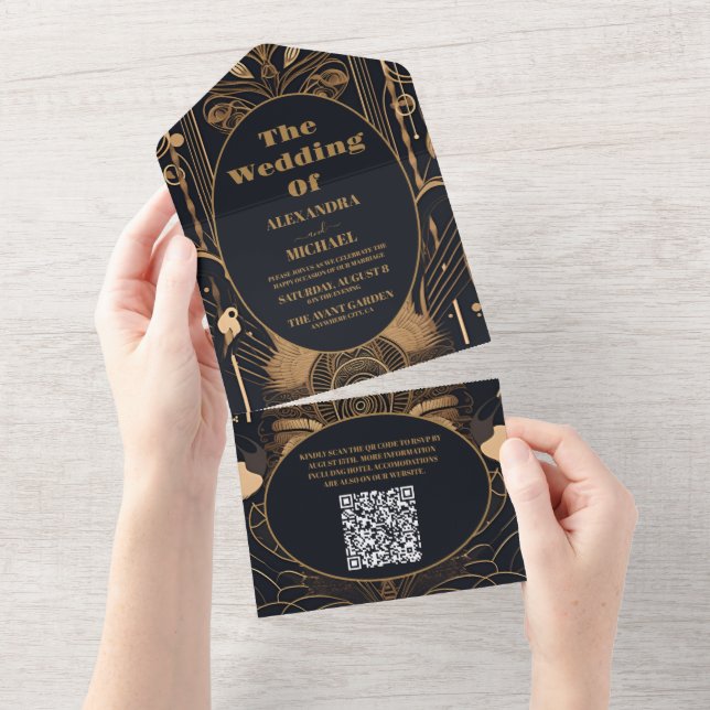 QR Code Elegante Art Deco All In One Einladung (Abreißen)