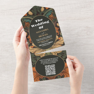 QR-Code Elegante Art Nouveau-Blumen Hochzeit All In One Einladung