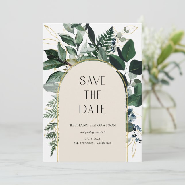 QR-Code, elegante beige botanische Foliage Wedding Save The Date (Stehend Vorderseite)