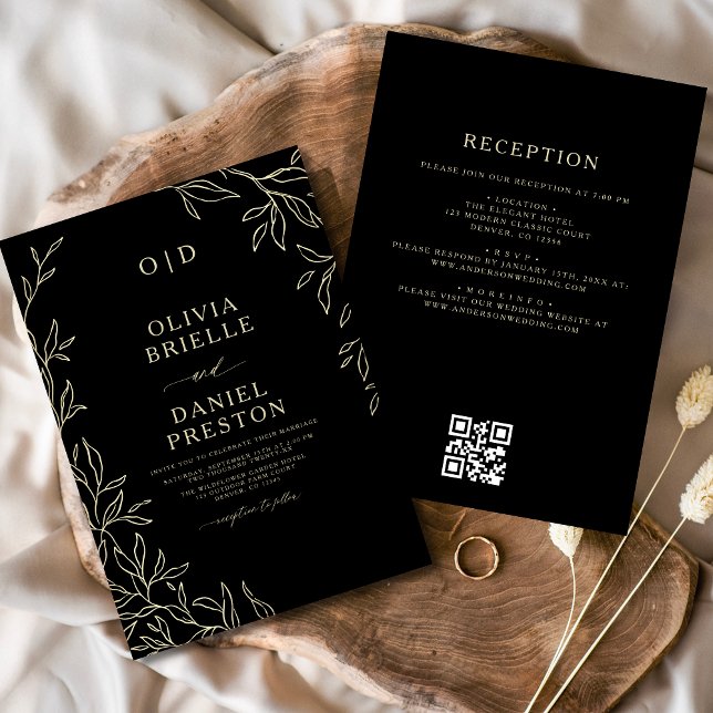 QR Code Elegante Black Gold Monogram Wedding Einladung (Von Creator hochgeladen)