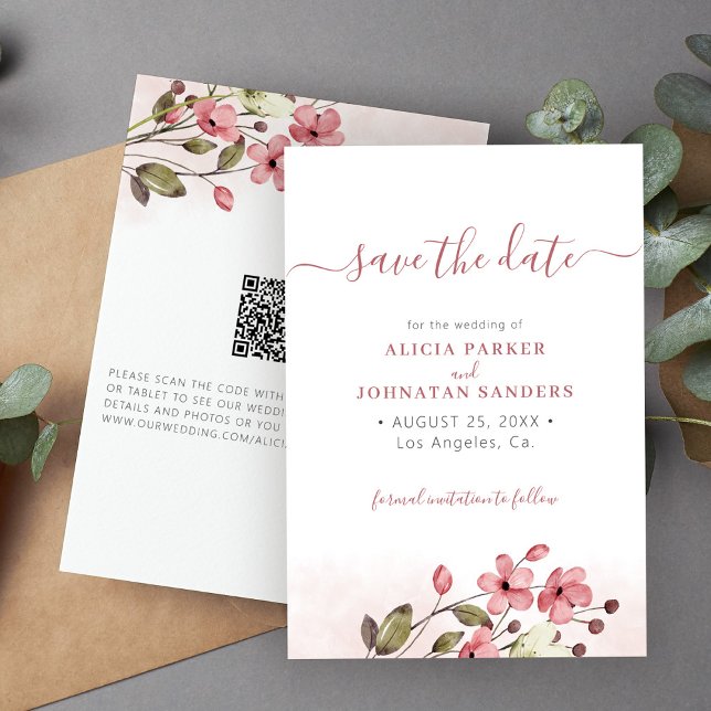 QR-Code elegante Frühlingsheirat-Wildblumen rosa H Save The Date (Von Creator hochgeladen)