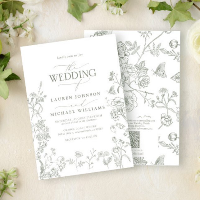 QR Code Elegante Green Chinoiserie Blumenzwiese Einladung (Von Creator hochgeladen)