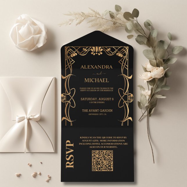 QR Code Elegante Jugendstil-Hochzeit All In One Einladung (Von Creator hochgeladen)