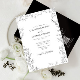 QR-Code Elegante Minimal Leaf Black & White Weddin Einladung