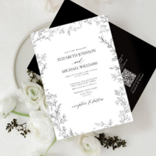 QR-Code Elegante Minimal Leaf Black & White Weddin Einladung