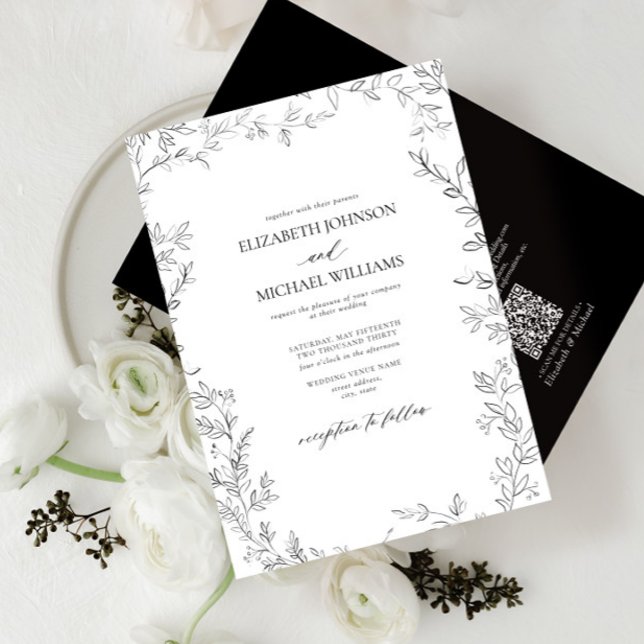 QR-Code Elegante Minimal Leaf Black & White Weddin Einladung (Von Creator hochgeladen)