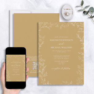 QR Code Elegante Moderne Gold Minimal Leaf Hochzei Einladung
