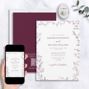 QR Code Eleganter Minimaler Leaf Burgundy Wedding Einladung