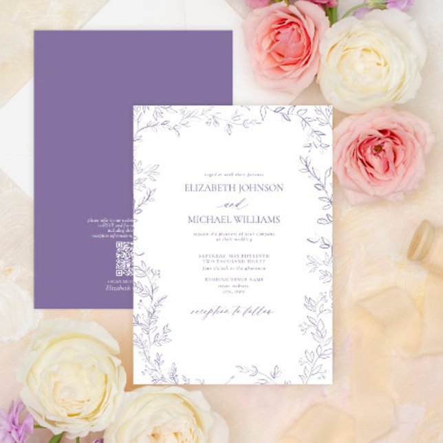 QR Code Eleganter Minimaler Leaf Lavender Wedding Einladung (Von Creator hochgeladen)