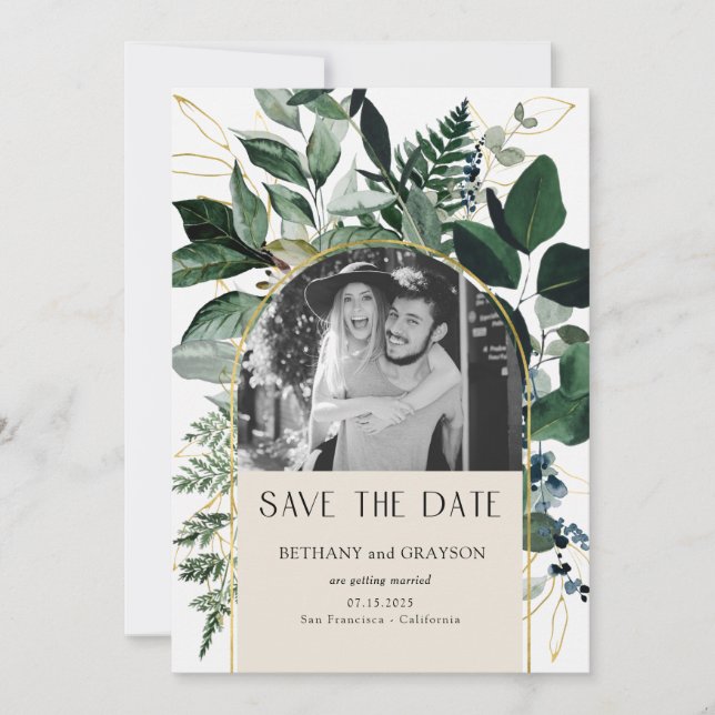 QR-Code Elegantes botanisches Greenery Wedding Fot Save The Date (Vorderseite)