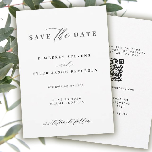 QR CODE elegantes Skript Schwarzweiß Hochzeit Save The Date (Von Creator hochgeladen)