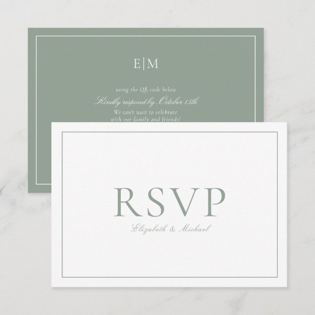 QR-Code Elegantsage Green Monogram Wedding RSVP Karte (Vorne/Hinten)