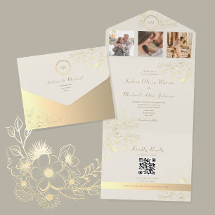 QR-Code Elfenbein-Gold Blumenhochzeit All In One Einladung