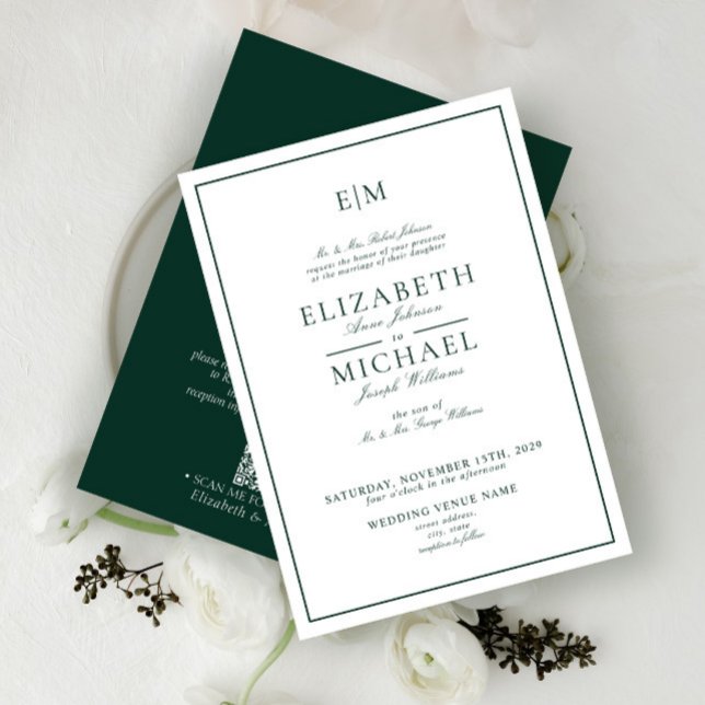 QR Code Emerald Green Classic Monogram Wedding Einladung (Von Creator hochgeladen)