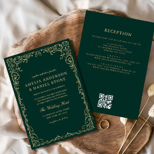 QR Code Emerald Green Gold Minimal Wedding Einladung