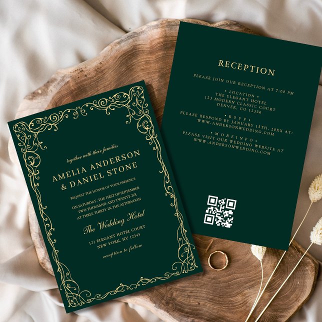 QR Code Emerald Green Gold Minimal Wedding Einladung (Von Creator hochgeladen)