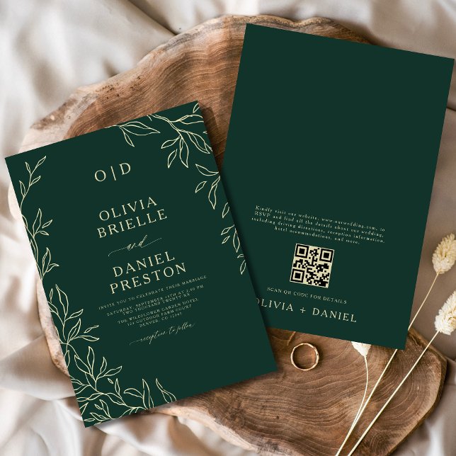 QR Code Emerald Green Gold Monogram Leaf Wedding Einladung (Von Creator hochgeladen)