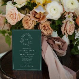 QR Code Emerald Green Leafy Wappen Monogram Weddin Einladung