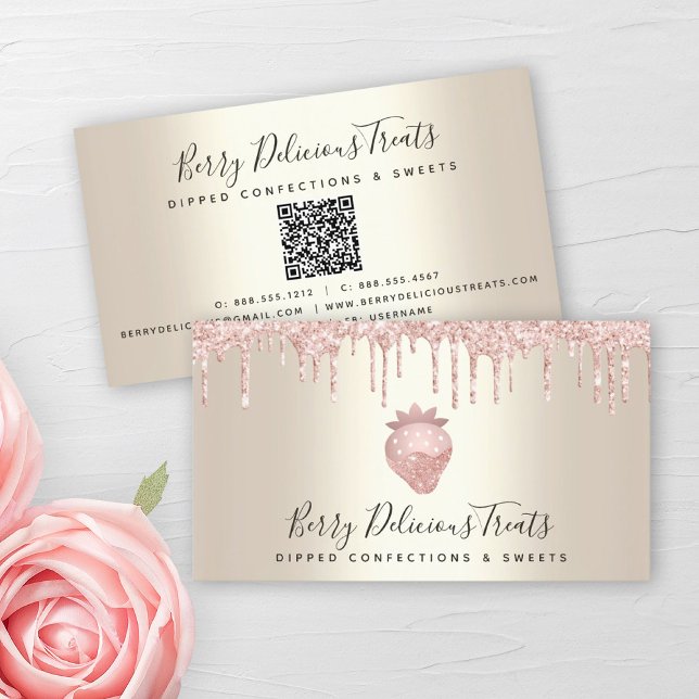QR-Code Erdbeere Rosa Glitzer Confection Gold Visitenkarte (Von Creator hochgeladen)