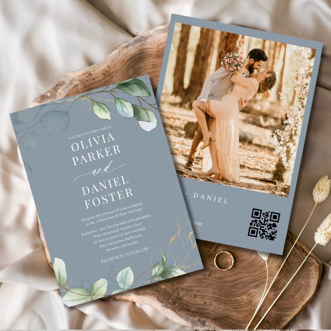 QR Code Eucalyptus Dusty Blue Foto Wedding Einladung (Von Creator hochgeladen)