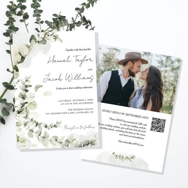 QR Code Eucalyptus Foto Wedding Einladung (eucalyptus photo qr code wedding invitation)