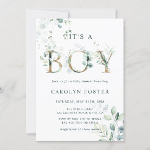 QR-Code Eucalyptus Gold Letter Boy Baby Shooter    Einladung