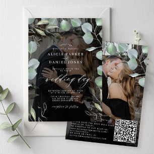 QR CODE eucalyptus photo overlay black wedding Einladung