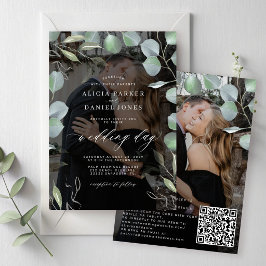 QR CODE Eukalyptus Foto Overlay Schwarze Hochzeit Einladung