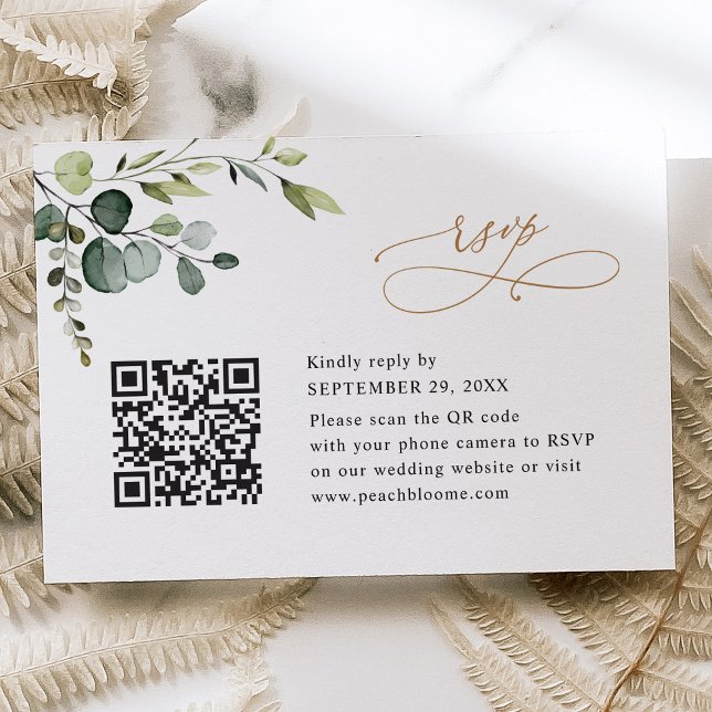 Qr Code Eukalyptus Greenery Gold Wedding RSVP Karte (Von Creator hochgeladen)