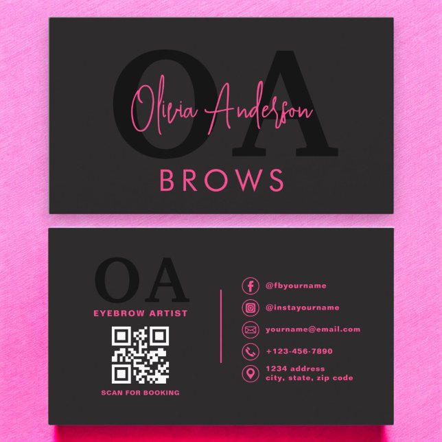 QR Code Eyebrows Brows Artist Hot Pink Black Visitenkarte (Von Creator hochgeladen)