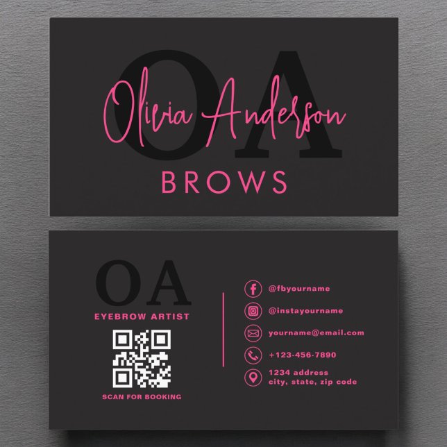 QR Code Eyebrows Brows Artist Hot Pink Black Visitenkarte (Von Creator hochgeladen)