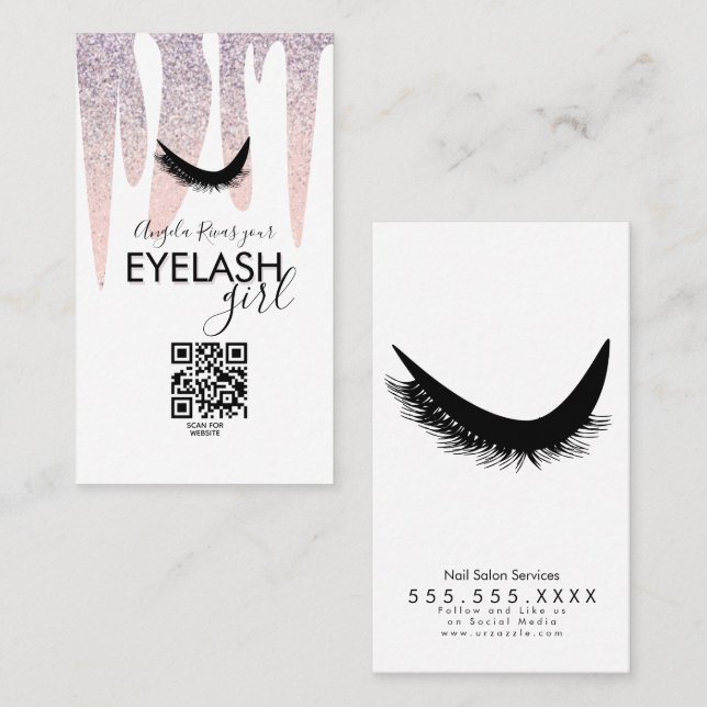 QR CODE Eyelash Girly Pink Glitzer Drift Visitenkarte (Vorne/Hinten)