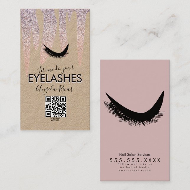 QR CODE Eyelashes Rosa Glitzer Drift Rustic B Visitenkarte (Vorne/Hinten)