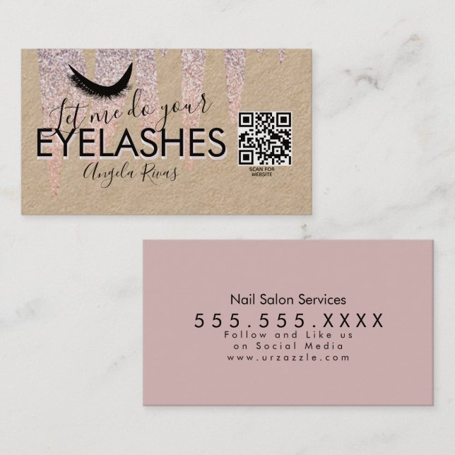 QR CODE Eyelashes Rosa Glitzer Driving Rustic Visitenkarte (Vorne/Hinten)
