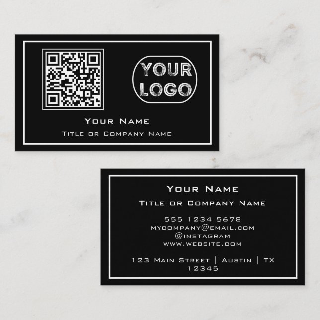 QR-Code-Firmenlogo Black Minimalistisch Business C Visitenkarte (Vorne/Hinten)