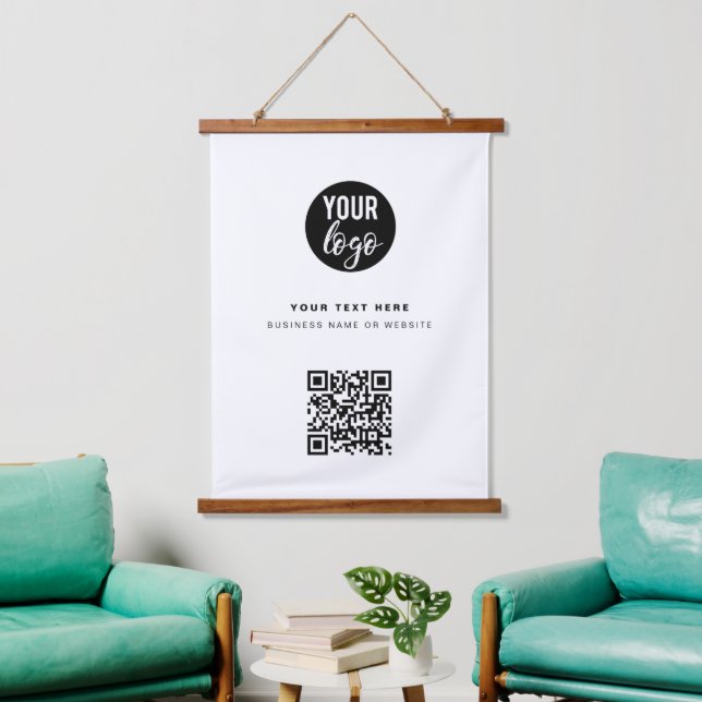 QR-Code-Firmenlogo Modern Minimalistisch Wandteppich Mit Holzrahmen (Wohnzimmer)