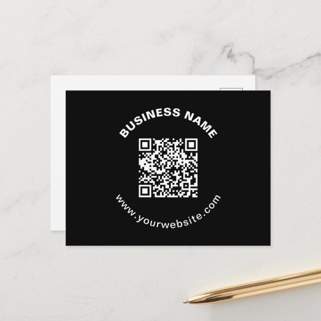 QR-Code & Firmenname mit fetter kreisförmiger Text Postkarte (Vorderseite/Rückseite Beispiel)