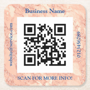 QR-Code Firmenname, Promo, Rose Gold Marmor Vs 2 Rechteckiger Pappuntersetzer