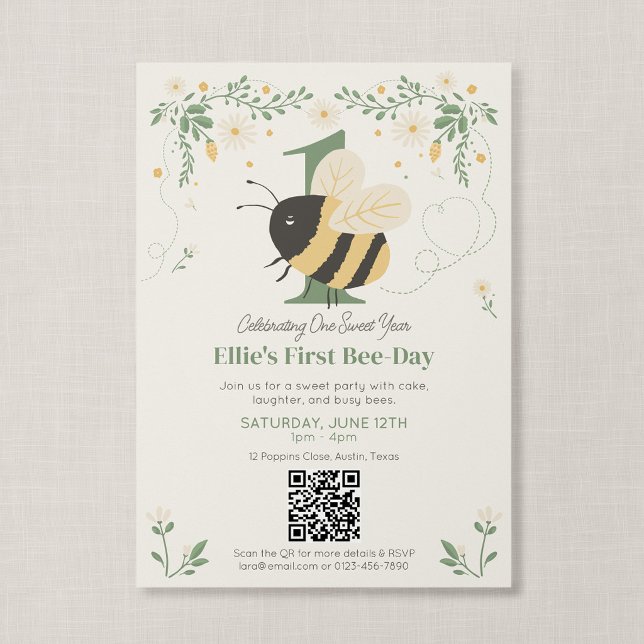QR-Code First Bee Day Storybook Honigbiene Geburts Einladung (Wildflower Flight - First Bee Day Invitation with QR Code)